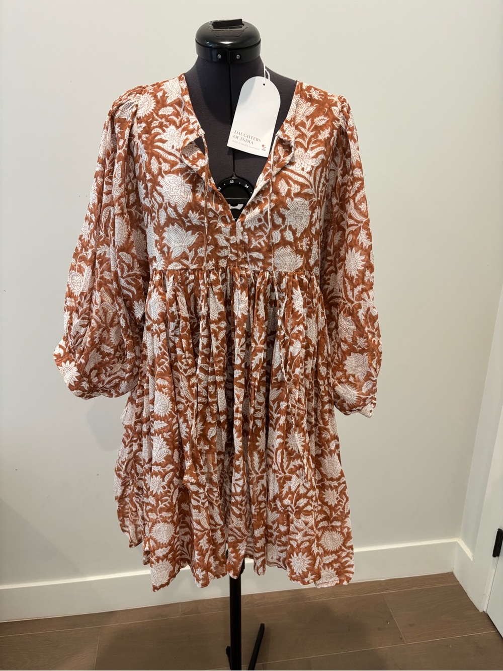 Daughters of India Rust and White Floral Babydoll Dress